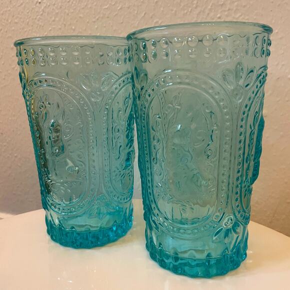 Easter Bunny Embossed Hobnail Victorian Heavy Drinking Glasses Set 4 Blue New - Picture 6 of 16